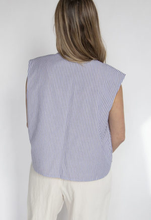 Back view of straight size model wearing Blue Stripe Reversible Vest.
