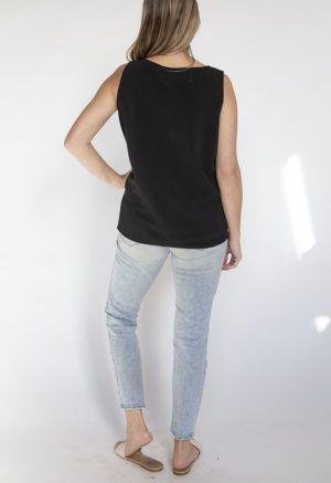 Back view of straight size model wearing Black Scoop Neck Tank.