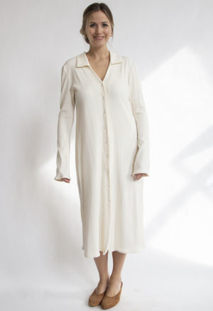 Front view of straight size model wearing Ivory Rib Collared Button-Down Midi Dress.