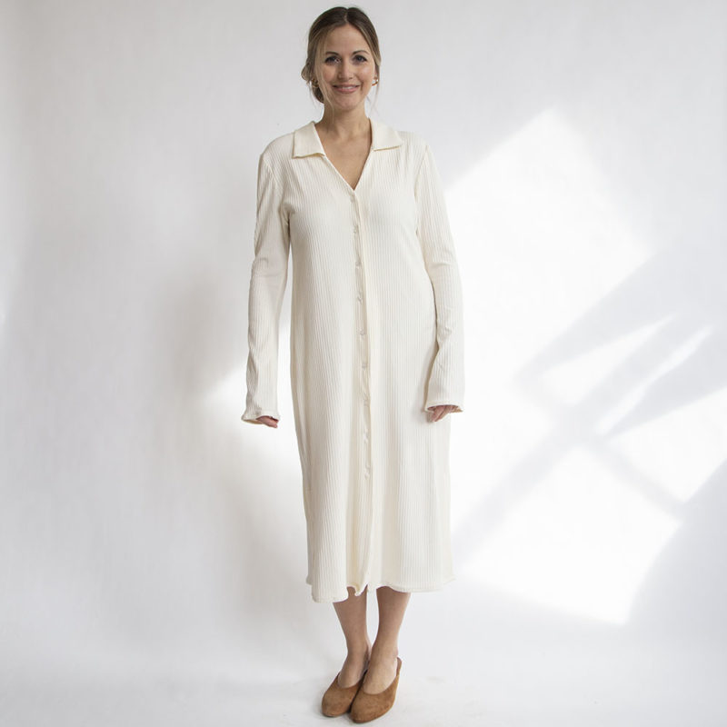 Front view of straight size model wearing Ivory Rib Collared Button-Down Midi Dress.