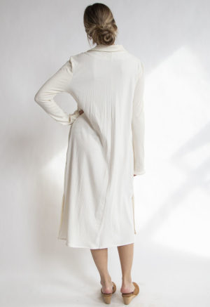 Back view of straight size model wearing Ivory Rib Collared Button-Down Midi Dress.