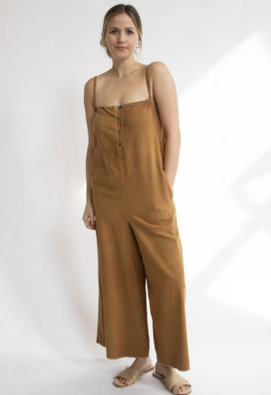 Front view of straight size model wearing Toffee Spaghetti Strap Jumpsuit.