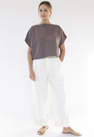 Front view of straight size model wearing Mauve Rib Cropped Rib Boatneck Top.