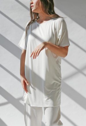 Front view of straight size model wearing White HDH Basics Tee Dress.