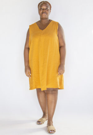 Front view of plus size model wearing Saffron Linen Shift Dress.