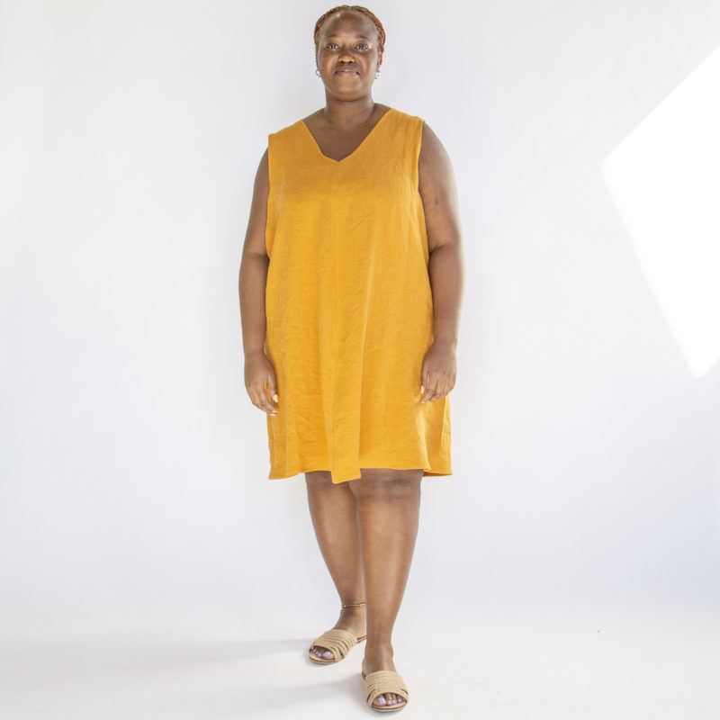 Front view of plus size model wearing Saffron Linen Shift Dress.