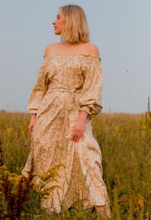 Front view of straight size model wearing Almond Floral Pauline Maxi Dress.