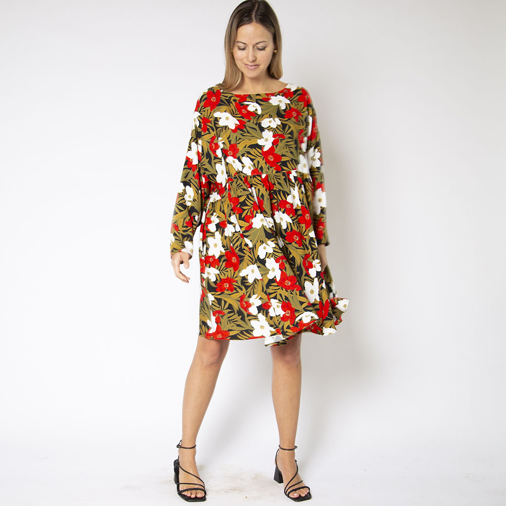 Front view of straight size model wearing Island Floral Short Oversized Dress.