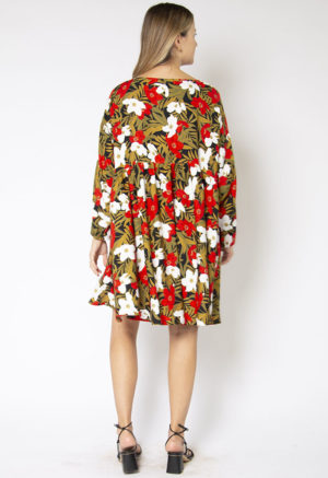 Back view of straight size model wearing Island Floral Short Oversized Dress.