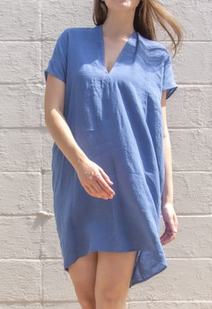 Front view of straight size model wearing Denim Linen Double V Kaftan.