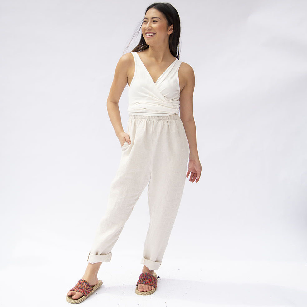Front view of straight size model wearing Oatmeal Linen Easy Tapered Pant.