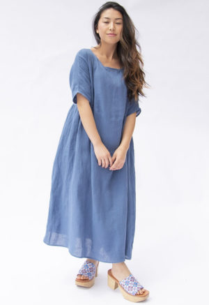 Front view of straight size model wearing Denim Linen Gathered Midi Dress.
