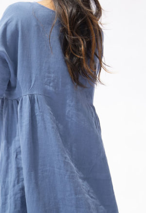 Back view of straight size model wearing Denim Linen Gathered Midi Dress.