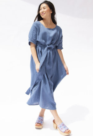 Front view of straight size model wearing Denim Linen Gathered Midi Dress.