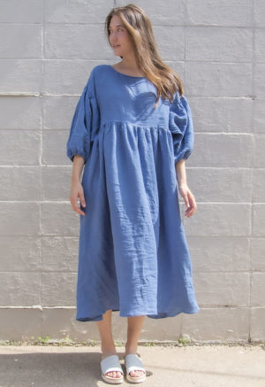 Front view of straight size model wearing Denim Linen Oversized Dress.