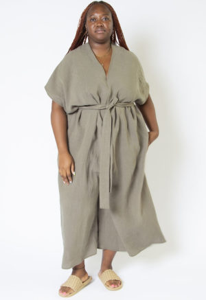 Front view of plus size model wearing Moss Linen Oversized Jumper.