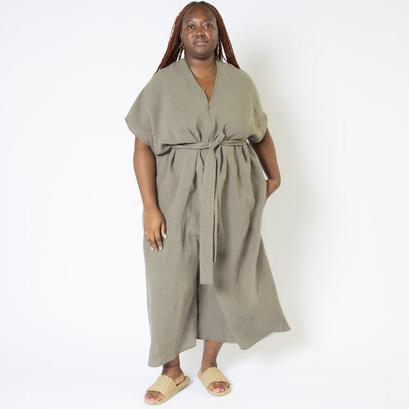 Front view of plus size model wearing Moss Linen Oversized Jumper.