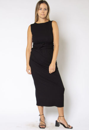 Front view of straight size model wearing Black Rib Sleeveless Wrap Dress.