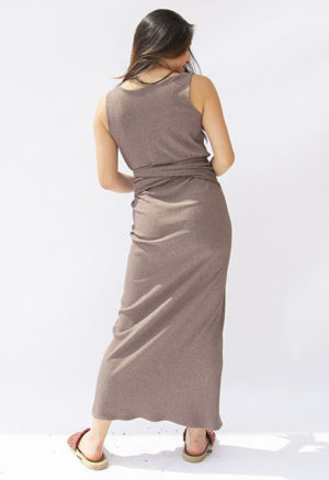 Back view of straight size model wearing Mauve Rib Sleeveless Wrap Dress.