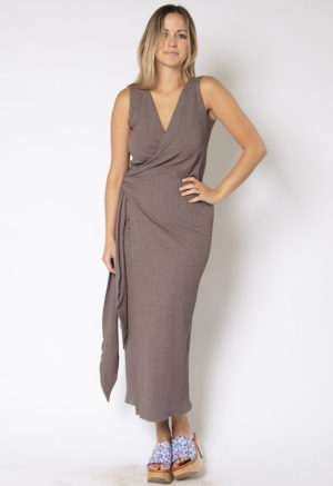 Front view of straight size model wearing Mauve Rib Sleeveless Wrap Dress.