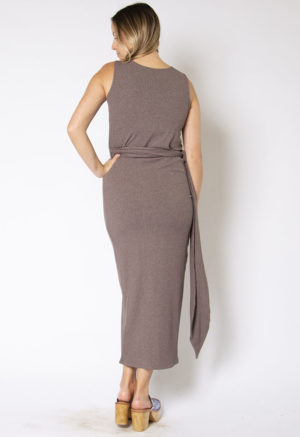 Back view of straight size model wearing Mauve Rib Sleeveless Wrap Dress.
