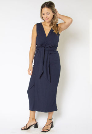 Front view of straight size model wearing Navy Sleeveless Wrap Dress.