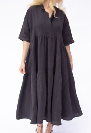 Front view of straight size model wearing Black Linen Tiered Lapel Dress.