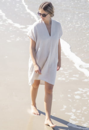 Front view of straight size model wearing Oatmeal Linen Double V Kaftan.