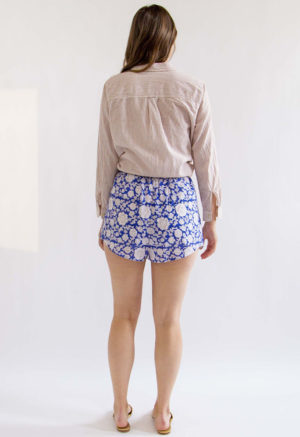Back view of straight size model wearing Blue & White Floral Short Shorts.
