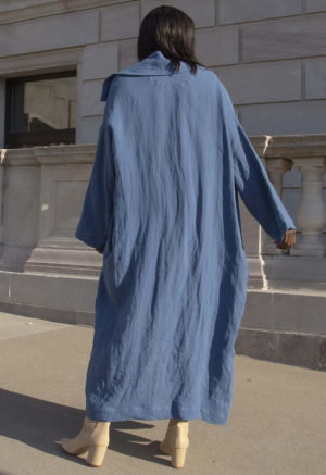 Back view of straight size model wearing Denim Linen Oversized Lapel Coat.
