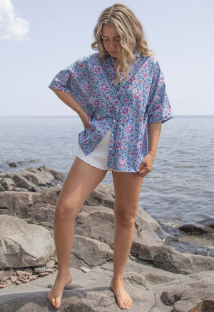 Front view of straight size model wearing Teal Floral Dolman Sleeve Button-Up and Ivory Rib Short Shorts.