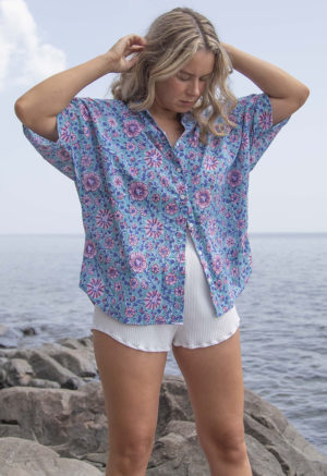 Front view of straight size model wearing Teal Floral Dolman Sleeve Button-Up and Ivory Rib Short Shorts.