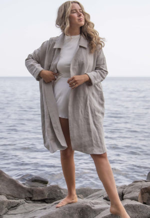 Front view of straight size model wearing Pebble Gray Lapel Jacket/Dress.