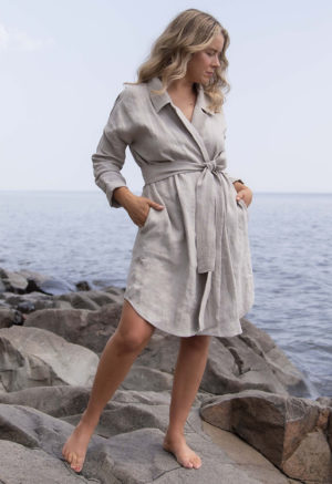 Front view of straight size model wearing Pebble Gray Lapel Jacket/Dress.