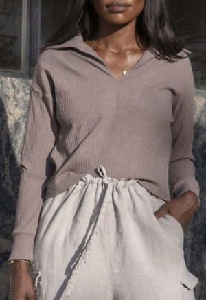 Close-up front view of straight size model wearing Pebble Gray Cargo Pant.
