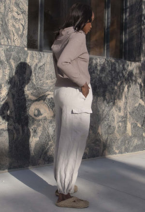 Side view of straight size model wearing Pebble Gray Cargo Pant.