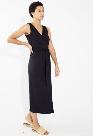 Front view of straight size model wearing Black Basics Sleeveless Wrap Dress.