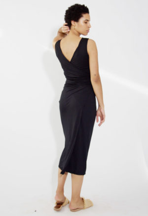 Back view of straight size model wearing Black Basics Sleeveless Wrap Dress.