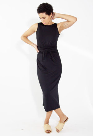 Front view of straight size model wearing Black Basics Sleeveless Wrap Dress.