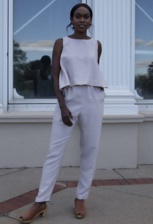 Front view of straight size model wearing Pearl Lyocell Easy Tapered Pant.