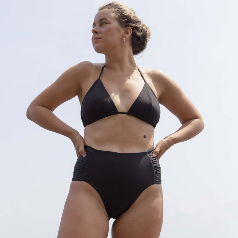 Front view of straight size model wearing Black Ruched High-Waisted Bottoms.