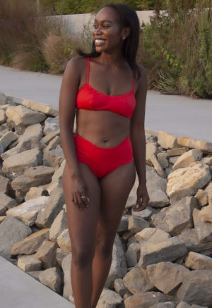Front view of straight size model wearing Valentine Ruched Bikini Bottoms.