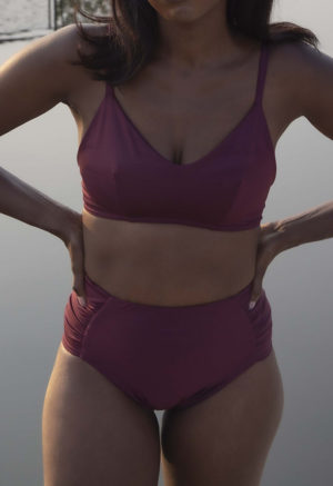 Front view of straight size model wearing Fig Ruched High-Waisted Bottoms.