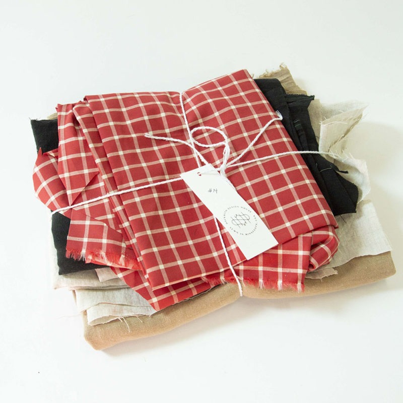 Quilt Scraps - Red Check Black Linen, Oatmeal Linen, Latte Linen