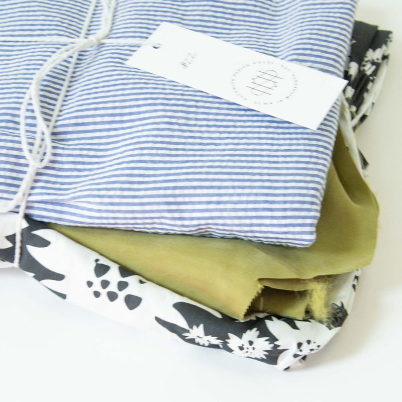 Quilt Scraps - Blue Stripe Seersucker (100% Cotton), Light Olive (unknown fabric content) and Jungle Green Floral (100% Cotton)