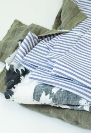 Quilt Scraps - Royal Blue Stripe (100% Cotton), Jungle Green Floral (100% Cotton) and Moss Linen (100% Linen)