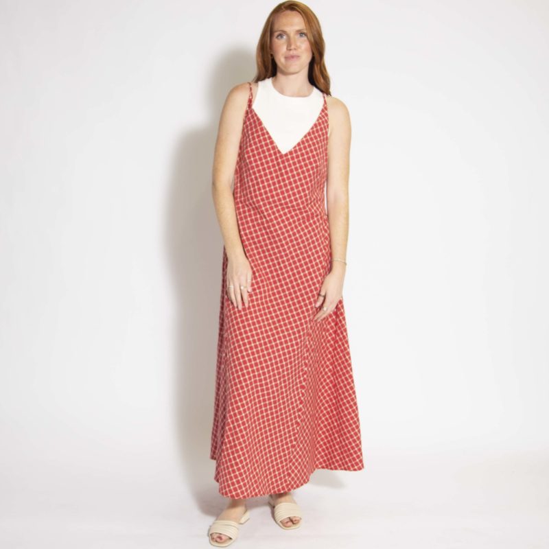 Front view of straight size model wearing Red & Cream Checkered V-Neck Maxi Dress.
