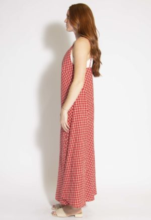 Side view of straight size model wearing Red & Cream Checkered V-Neck Maxi Dress.