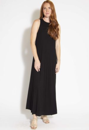 Front view of straight size model wearing Black Rib Sleeveless Maxi Dress.