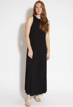 Front view of straight size model wearing Black Rib Sleeveless Maxi Dress.